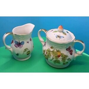 Vintage Lenwile Ardalt "Strawberries and Butterflies" Creamer and Sugar, 3" tall